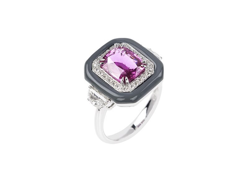 Nikos Koulis  Oui ring mounted on white gold with white diamonds, pink sapphire and grey enamel