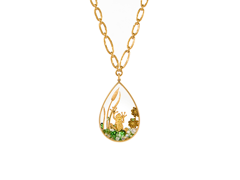 Alexandra Abramczyk Moonstone necklace and frog pendant mounted on yellow gold with diamonds and tsavorites