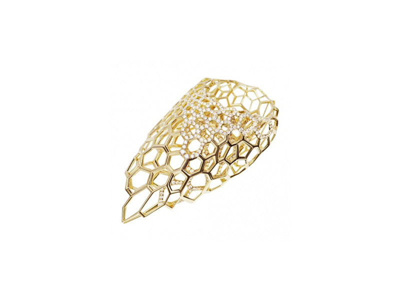 Zaha Hadid for Caspita Skein ring mounted on yellow gold with diamonds