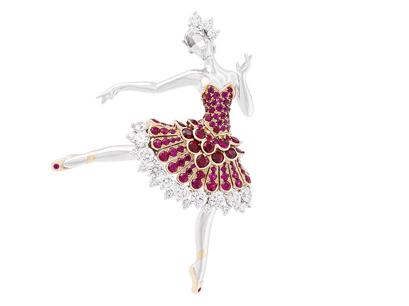 Van Cleef & Arpels (a) Ballerina Clip, in white gold with round diamonds, one rose-cut diamond, pink gold and round rubies, 2015 Collection