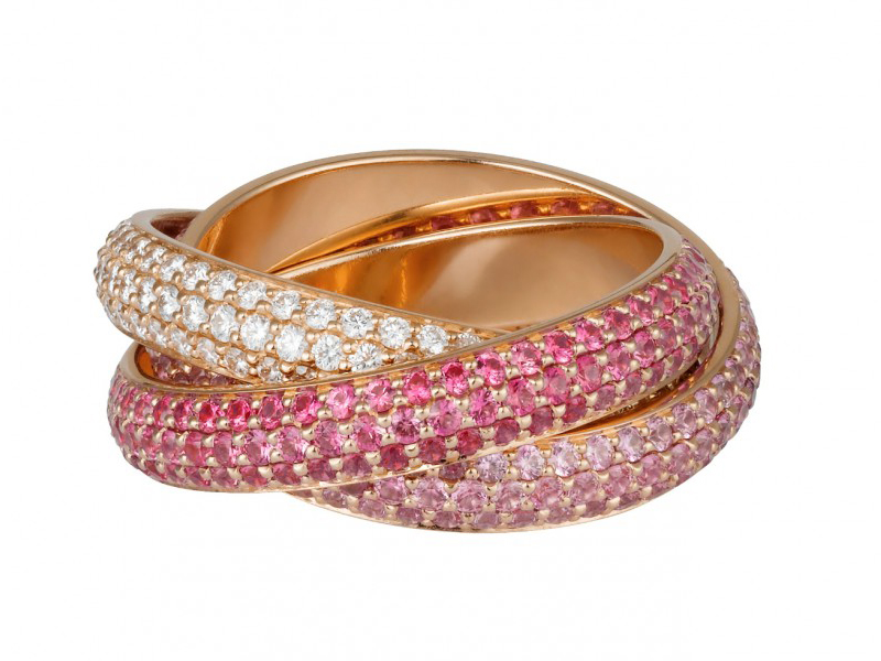 Trinity ring by Cartier, mounted on rose gold with diamonds and sapphires