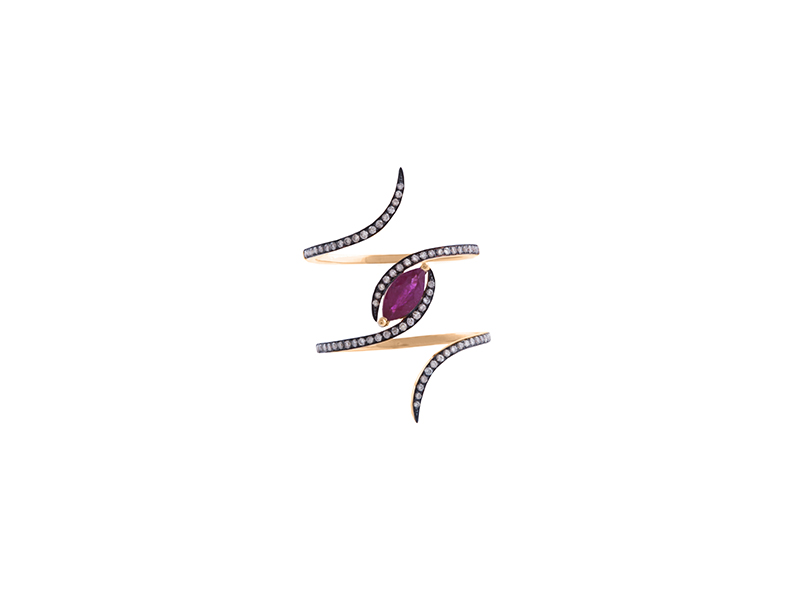 Christina Debs Ruby Marquise ring with brown diamonds and pink gold from the Diamond Tattoo Collection