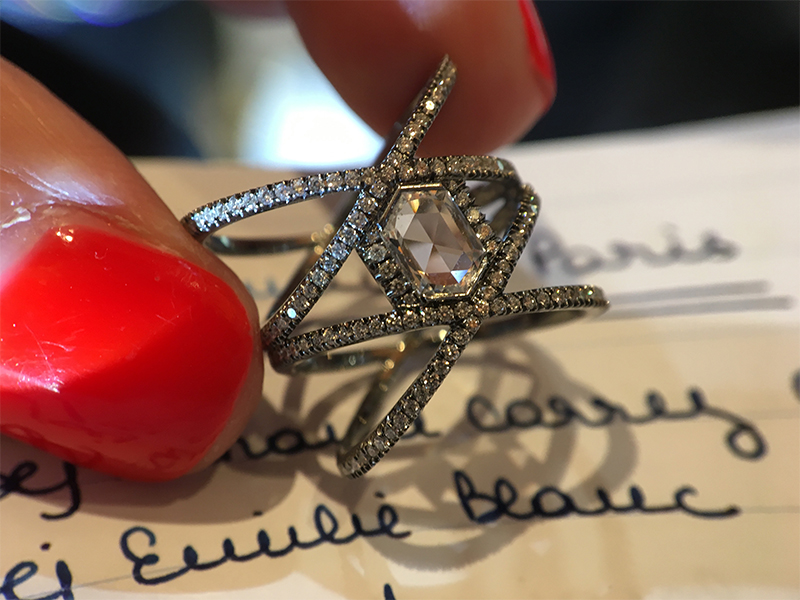 Eva Fehren X ring mounted on blackened white gold with white diamond pavé