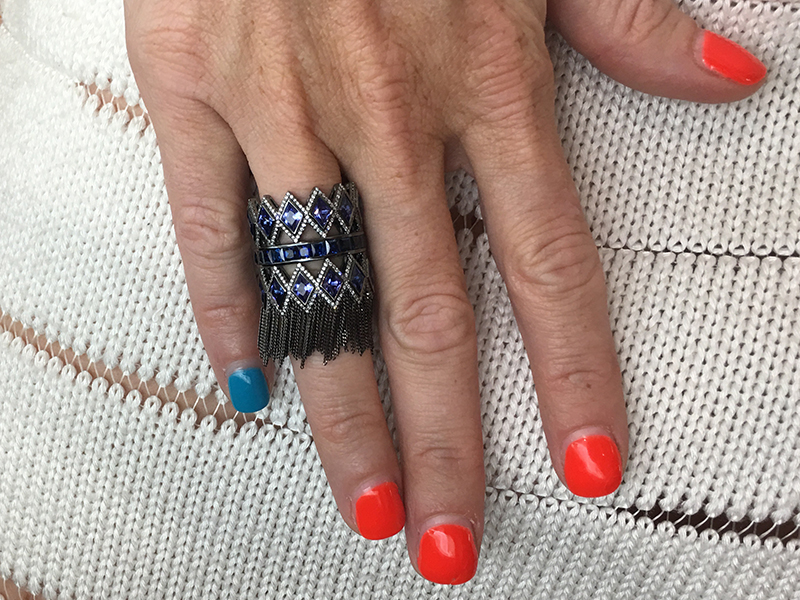 Leyla Abdollahi Trinity ring with white diamonds, tanzanites and blue sapphires