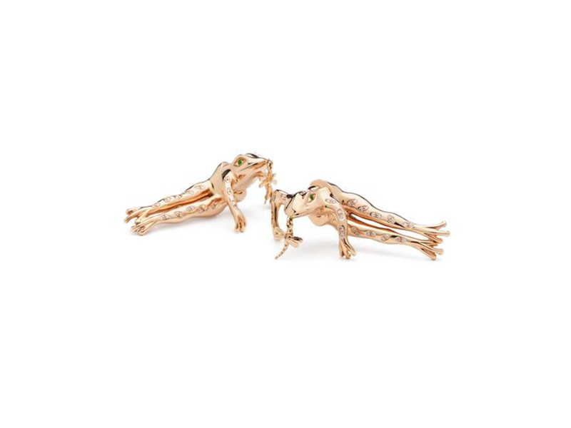 Bibi van der Velden Animal Frog earrings mounted on rose gold with brown diamonds and tsavorite eyes - 7520 €