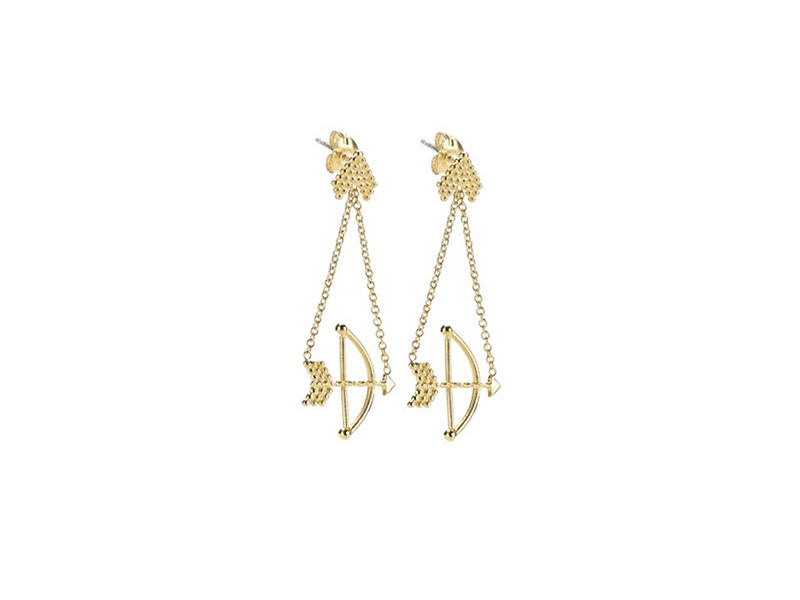 Phoebe Colman Braveheart Bow and Arrow chain earrings mounted on gold