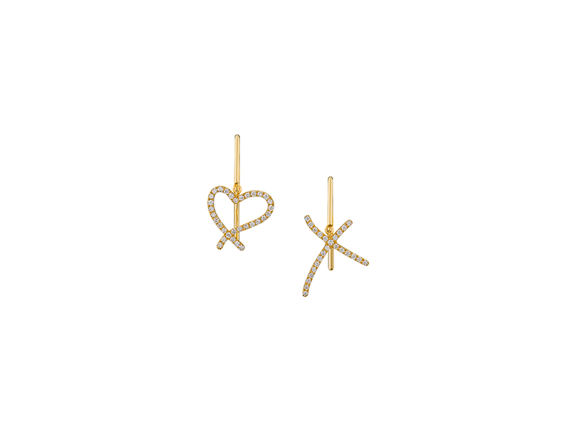 Stephen Webster Neon heart and kiss earrings mounted on yellow gold with white diamonds