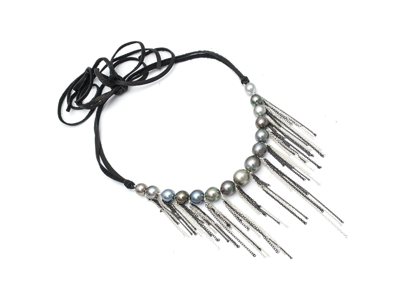 Samira 13 Leather chocker mounted on leather tie and sterling silver with tahitian pearls - 2250 $