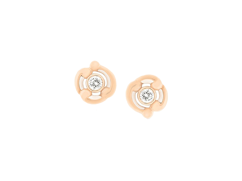 Faberge Rococo White Enamel Rose Gold Stud Earrings Mounted on rose gold with white diamonds and white cold enamel.