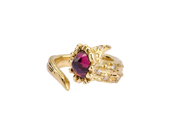 Aaron Jah Stone Dear Deer ring mounted on yellow gold with pink tourmaline and diamonds