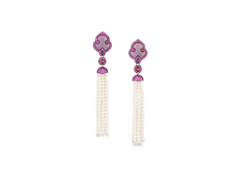 Faberge Rêve de Scheherazade tassel earrings in 18 carat white gold and  white round diamonds, pink and blue sapphires, rubies and pearls