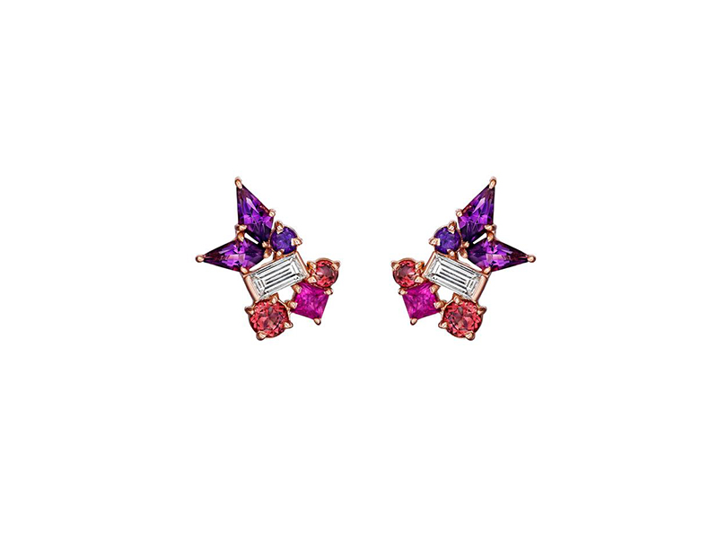 Mad Stone Design Melting ice diamond, amethyst and pink sapphire stud earrings mounted on rose gold