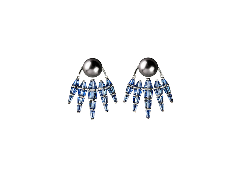 Nikos Koulis Spectrum Collection white gold earrings with tapered sapphires and black pearls