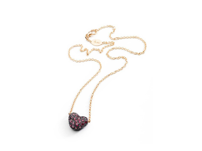 Pomellato Hear-shaped tabou necklace mounted on rose gold and silver with rhodolite