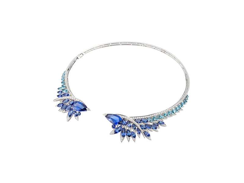 Stephen Webster Plumage collar mounted on white gold with marquise cut tanzanite,aquamarines, white,diamond, magnipheasant necklace
