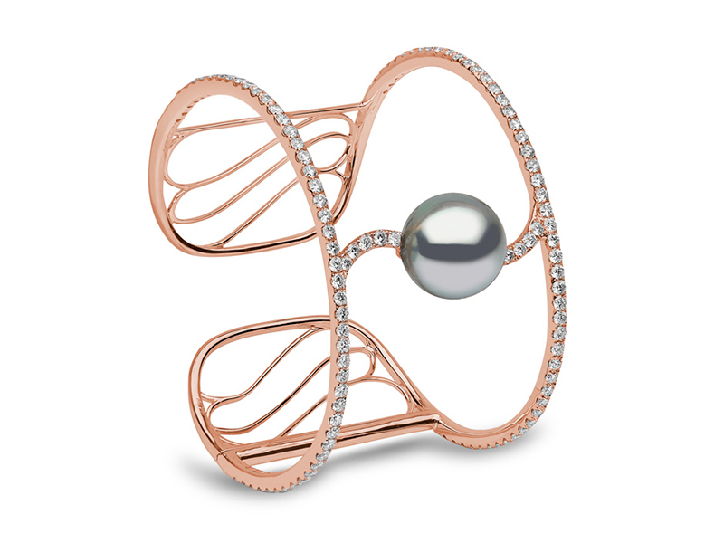 Yoko London Blue rose cuff bracelet mounted on rose gold with diamonds and tahitian pearls