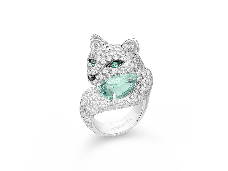 Boucheron Lumière de Nuit - Foxy, la Renarde ring set with a 7,28 ct green pear tourmaline and emeralds, paved with diamonds, on white gold