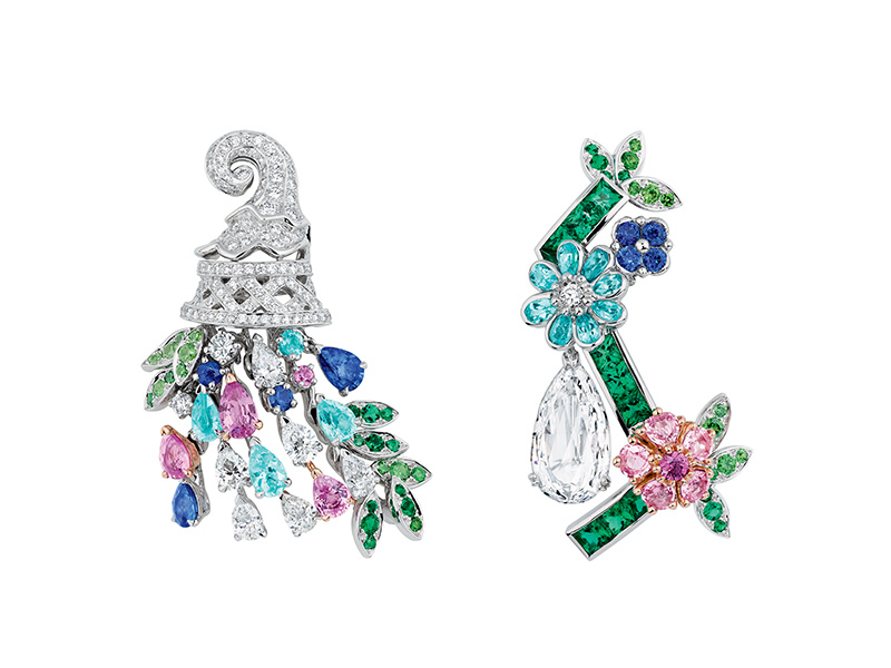 Dior "Diamond Orangery" earrings in white and pink gold, diamonds, pink sapphires, emeralds, Paraiba tourmalines, sapphires and demantoid garnets