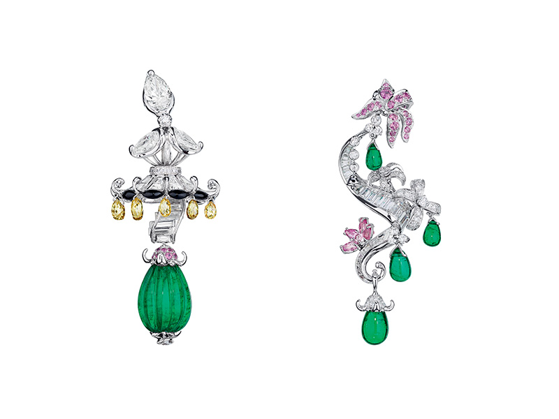 Dior "Emerald Trianon" earrings in white and pink gold, diamonds, emeralds, yellow diamonds, onyx and pink sapphires