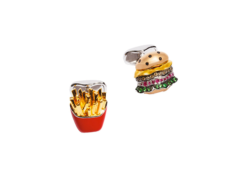 Nadine Ghosn Burger and fries cufflinks mounted on rose and yellow gold and red enamel