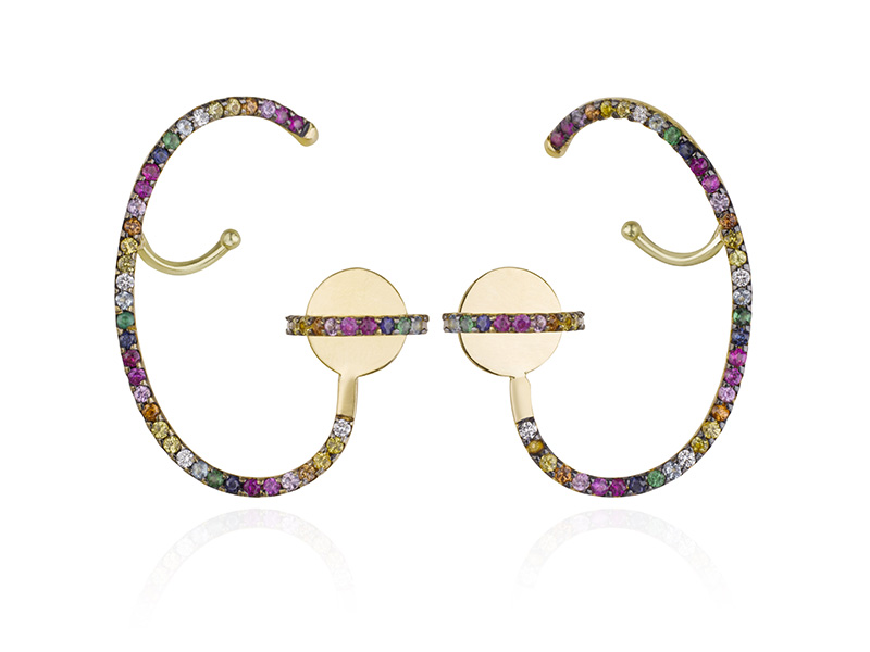 Ana Khouri Lily earrings mounted on 18k yellow gold with multicolored sapphires