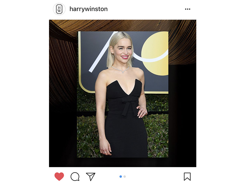 Harry Winston Emilia clarke wore  v-shape diamond set in platinum; emerald-Cut Diamond Earstuds, 6.32 carats, set in platinum; diamond Band Ring, 2.08 carats, set in platinum; pave Diamond Band Ring, .73 carats, set in platinum; v-shape Diamond Band Ring, 1.54 carats, set in platinum