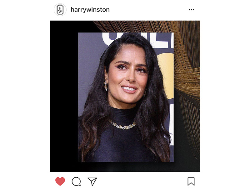 Harry Winston Salma Hayek wore Yellow Diamond Winston Cluster diamond necklace set in 18k yellow gold and platinum; Yellow Diamond Drop earrings with Diamond Cluster accents set in 18k yellow gold and platinum; Emerald-cut diamond ring in platinum