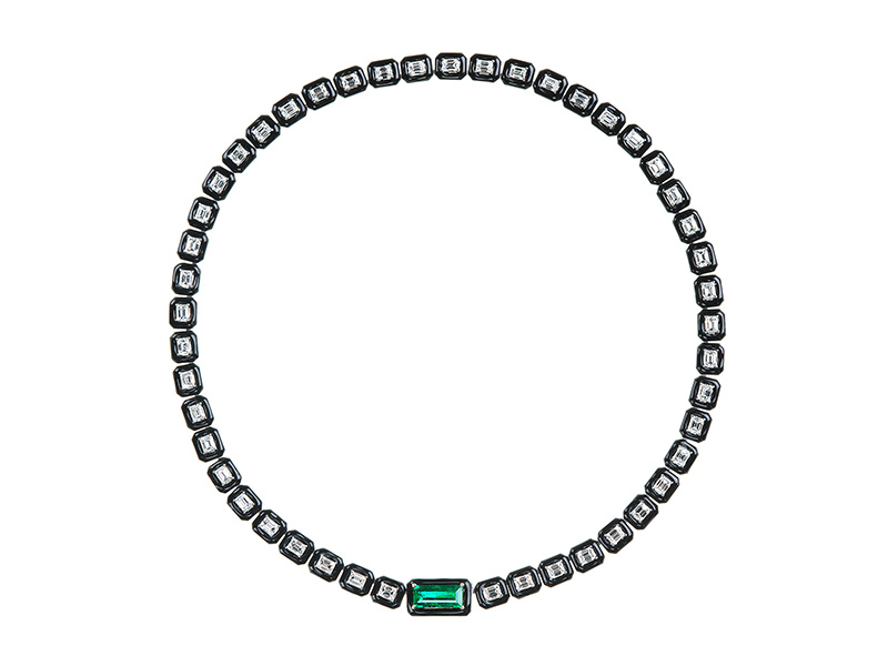 Nikos Koulis Oui collection- White gold necklace with emerald cut white diamonds, emerald and black enamel