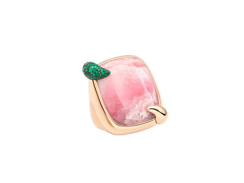 Pomellato Pink Hawaiian Peony rhodochrosite ring mounted on rose gold with emeralds