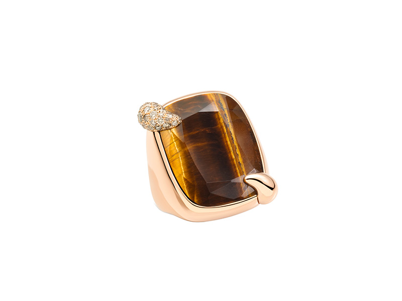 Pomellato Tea in the Sahara tiger's eye ring mounted on rose gold with white diamonds