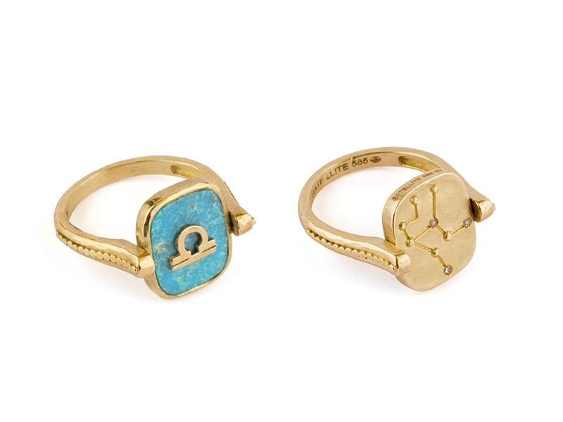 Satellite Paris Pivoting ring mounted on yellow gold with turquoise and diamonds