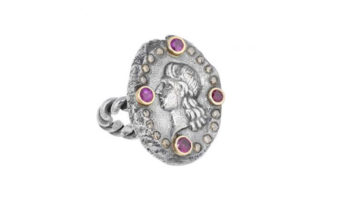 Sylvie Corbelin Apollo ring mounted on oxidised sterling silver with champagne diamonds and rubies set with yellow gold