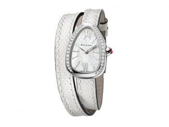 Bvlgari Serpenti Watch with stainless steel case set with diamonds white mother-of-pearl dial and interchangeable double spiral braelet in white karung leather