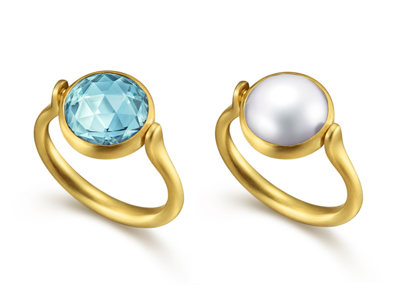 Tasaki by MHT Far side of the moon ring mounted on yellow gold set freshwater pearl and aquamarine