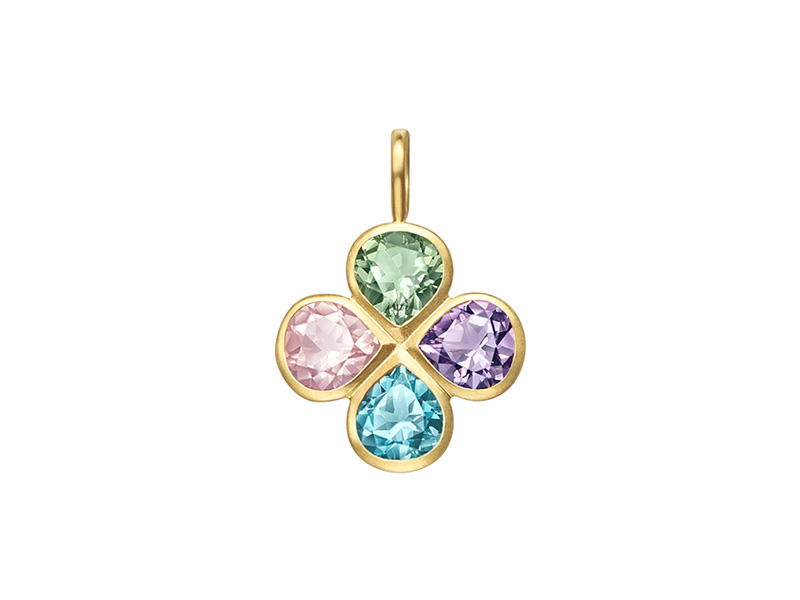 Tasaki by MHT Lucky clover pendant Top mounted on yellow gold set with amethyst, blue topaz green quartz and rose quartz