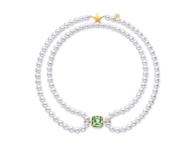 Tasaki By MHT Royal Necklace with white pearls, yellow gold and green quartz