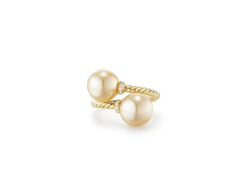 David Yurman Solari Bypass Ring in 18k yellow gold with golden south sea pearls with diammonds