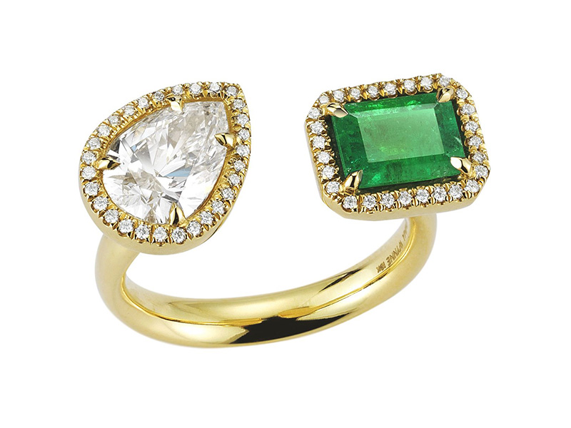 Jemma Wynne Diamond Pear and Emerald Open Ring mounted on yellow gold 