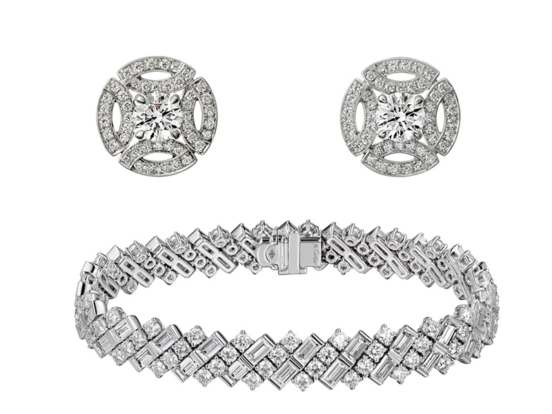 Royal Wedding Cartier Bracelet set with lines of baguette-cut and brilliant-cut diamonds by cartier and Royal Wedding Cartier Earrings from the Galenterie de Cartier collectionset with diamonds