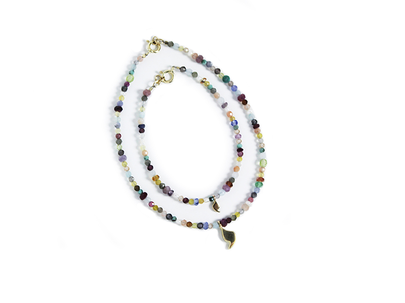 Two Tutti Frutti Youd bracelets by Rivka Nahmias is made on yellow gold and set with sapphires, rubies, aquamarine, tanzanites, opals, moon stones, sunstones, pyrites, turquoises, tourmalines and amethysts