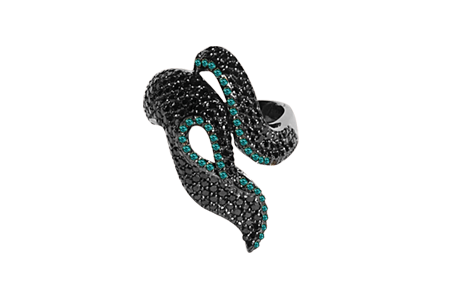 Van Der Bauwede Venom Ring mounted on white gold set with black sapphires and blue paraïba topazes