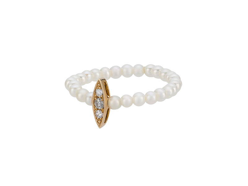 Anissa Kermiche Perle Rare Mini Pearl ring mounted on yellow gold with white pearls and grey diamonds