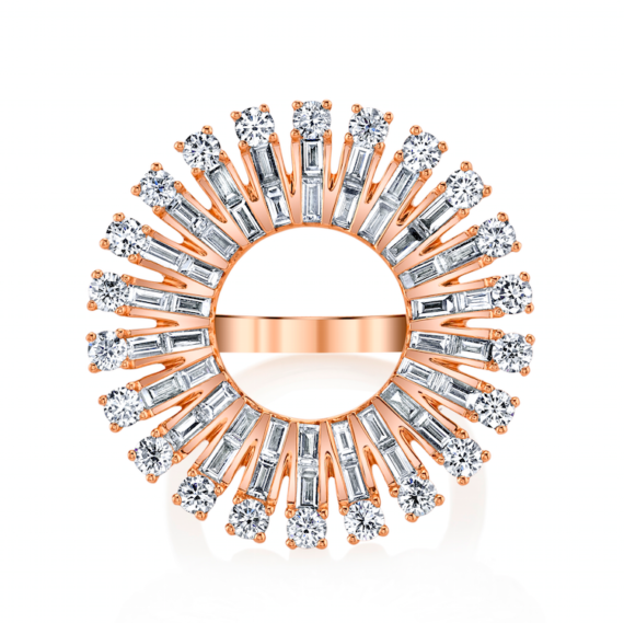 Anita Ko Ava ring mounted on rose gold with 1.5cts round diamonds and 1.22cts baguette diamonds