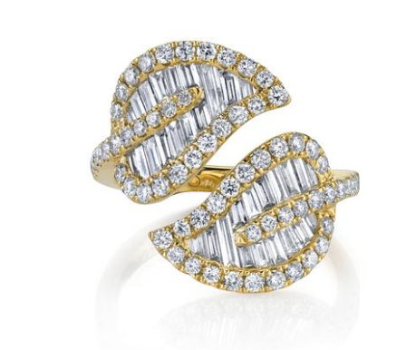 Anita Ko Large leaf ring mounted on yellow gold with .82cts diamonds and .79cts baguette diamonds