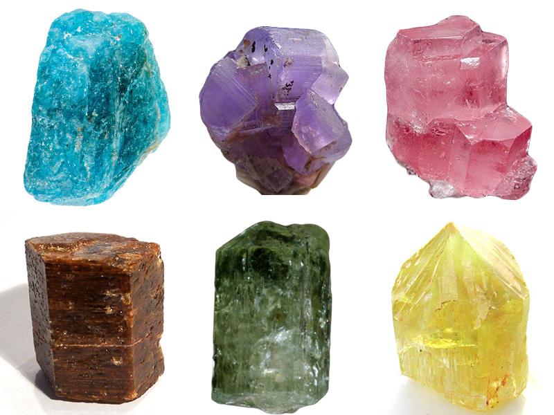 Blue, purple, pink, brown, green and yellow apatites. 