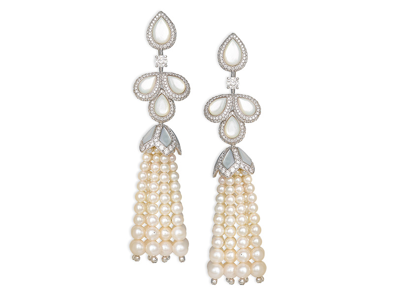 David Morris Akoya pearl and Mother of pearl Tassel earrings with white diamond