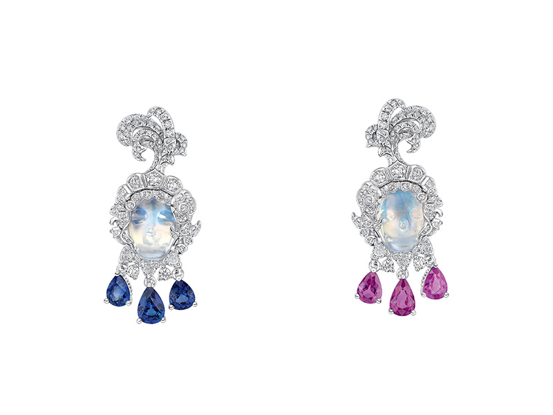 Dior Versailles Pieces Secretes Collection "Vanité Pierre de lune" earrings in white gold set with diamonds, moonstones, sapphires and pink sapphires