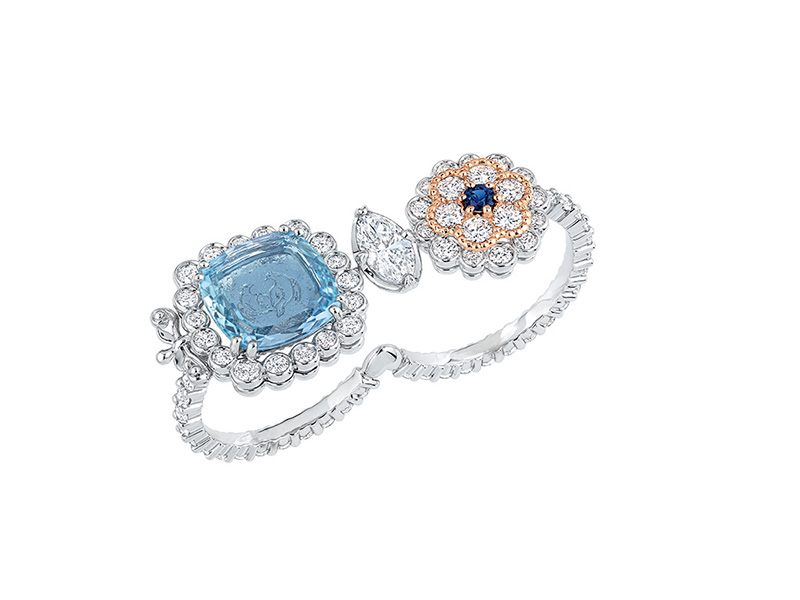 Dior Versailles Pieces Secretes "Volupté Aigue-Marine" double ring mounted on white and pink gold set with diamonds, aquamarine and sapphire