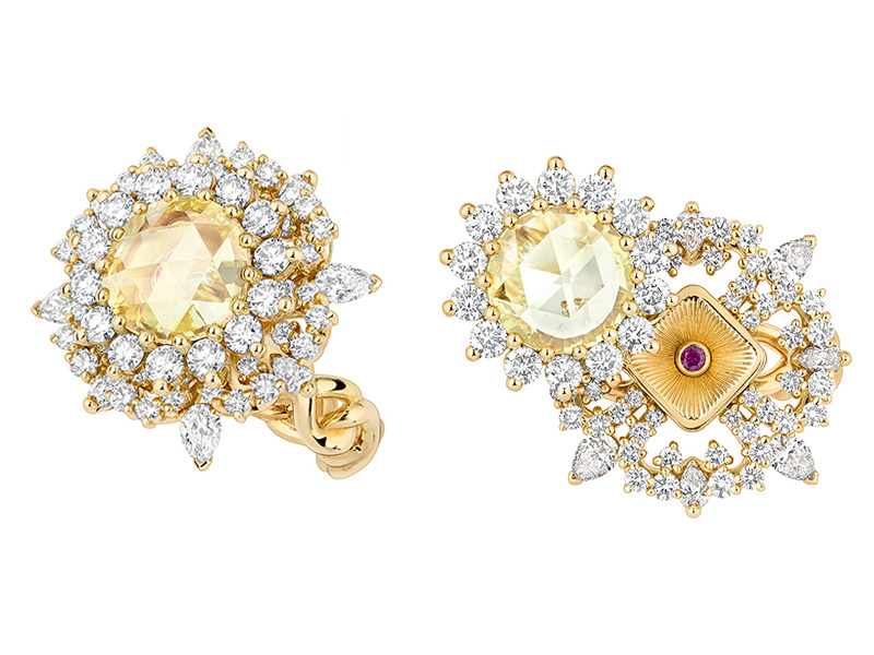 Dior à Versaille “Volupté Diamant Jaune” ring mounted on yellow gold set with white and yellow diamonds and ruby