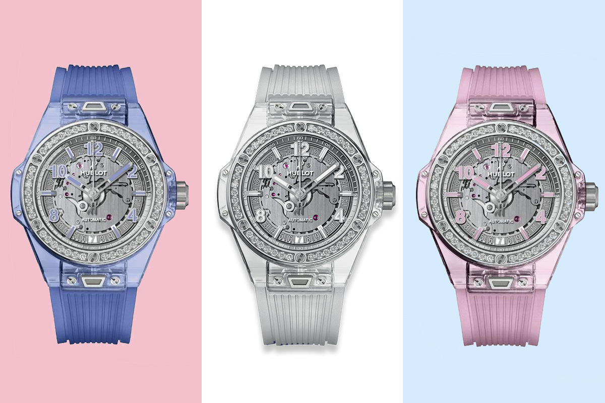 Hublot Big Bang One Click Sapphire with interchangeable strap. Available in three colours: natural, pink and blue